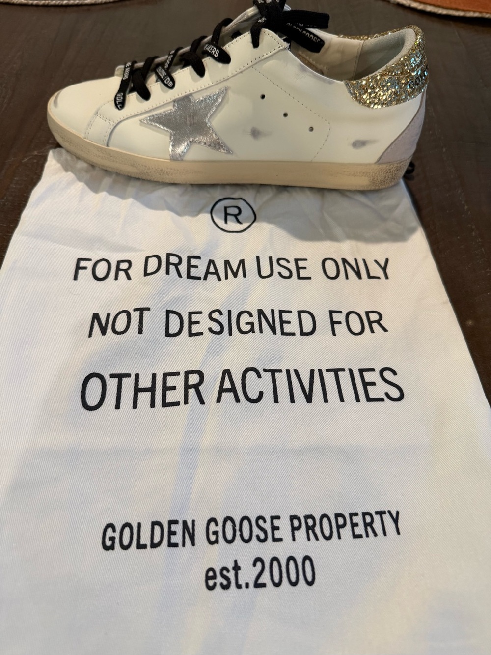 Golden Goose White Sneakers with Silver Star and Gold Glitter Heel